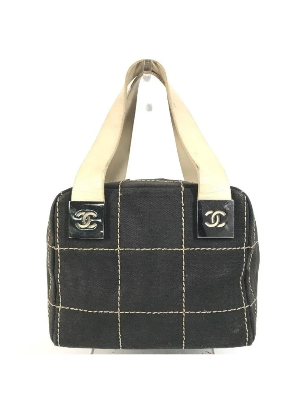 Chanel Handbag CC Logo Choco Bar Leather Canvas Black